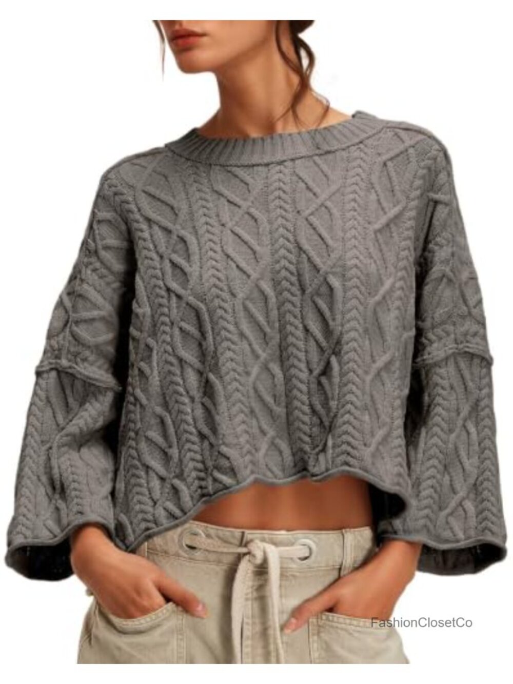 Cable Knit Cropped Sweater Oversized Long Sleeve Crew Neck Pullover